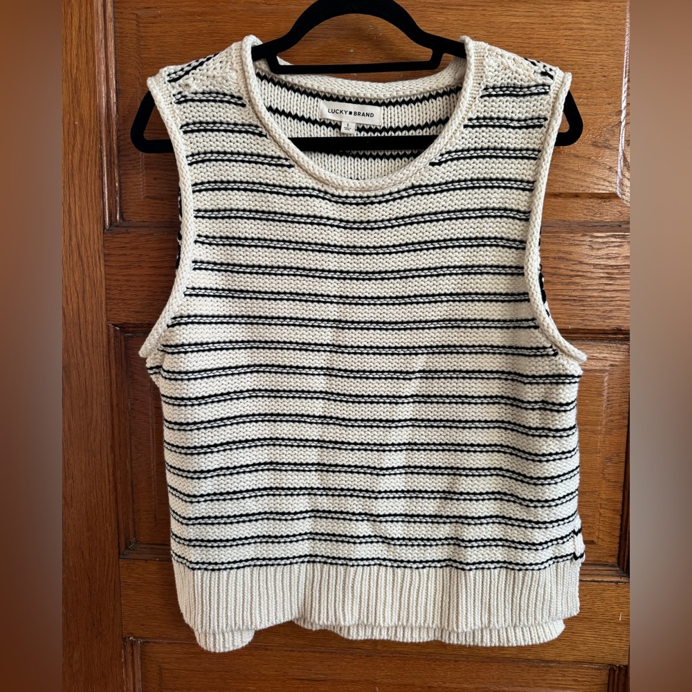 Lucky Brand, Knitted Sweater Vest Top, White/Cream Black Stripe, Women Size L